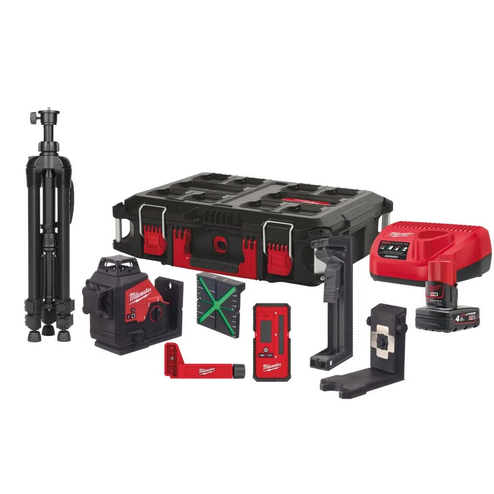 Milwaukee M12 3PLKIT-401P Korslaser grön, med batteri och laddare