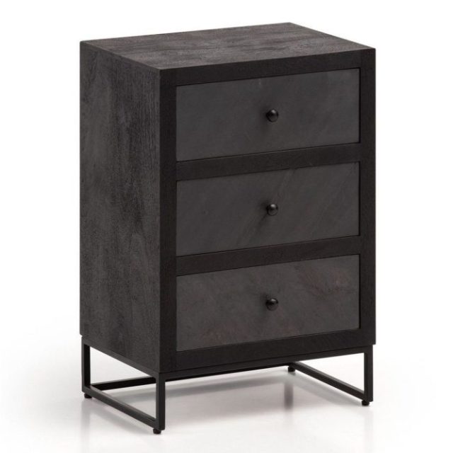 Sängbord Wohnling gjord av massivt trä för boxspringbädd med 3 lådor, skifferlook, i lantlig stil Svart