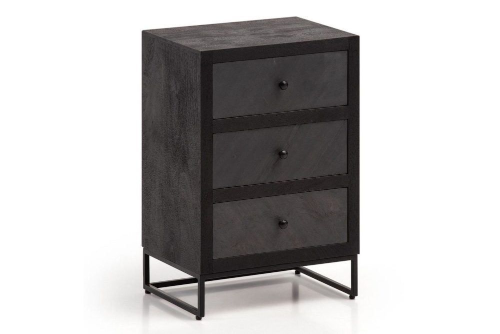 Sängbord Wohnling gjord av massivt trä för boxspringbädd med 3 lådor, skifferlook, i lantlig stil Svart