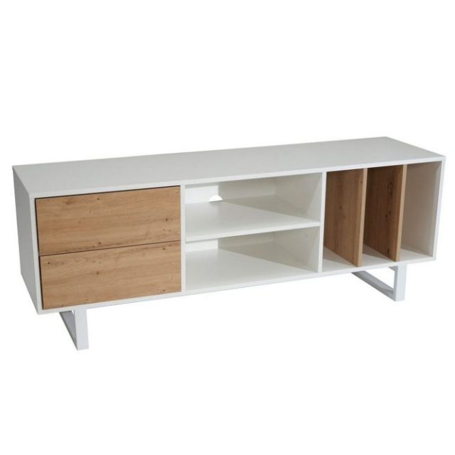 Lowboard Wohnling modernt spånskiva, 2 lådor, förvaringsbrickor, metallben, modern stil Vit, ek
