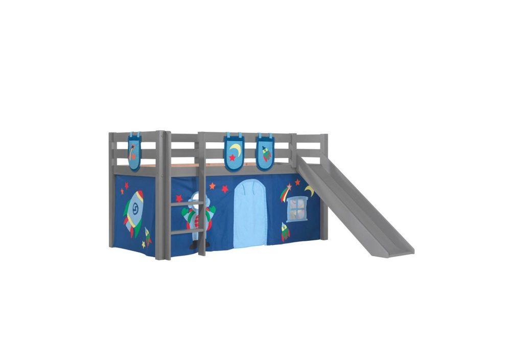 Halvhöjdssäng med gardin Pino Astro Grå, Grå, Med rutschkana, Utan tunnel, 3