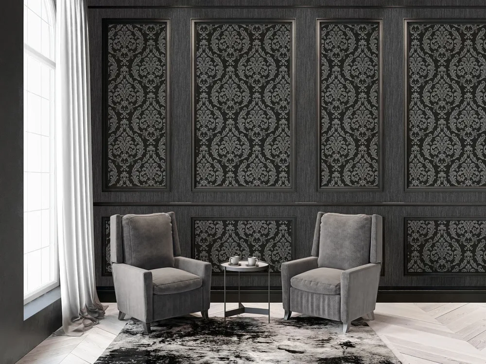 Galerie Wallcoverings Mansion II G68676 Tapet Silk Damask Grå/svart