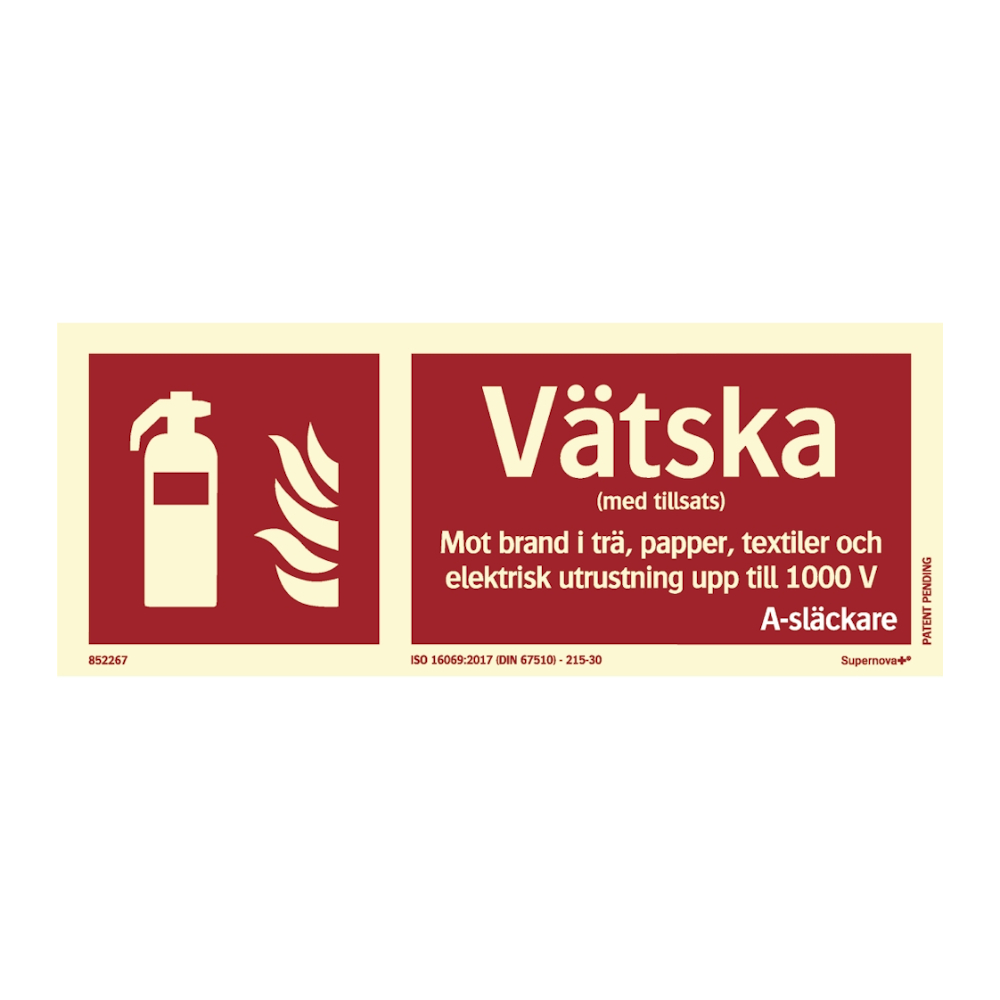 Skylt Vätskesläckare ISO 250x100mm Supernova+ Systemtext