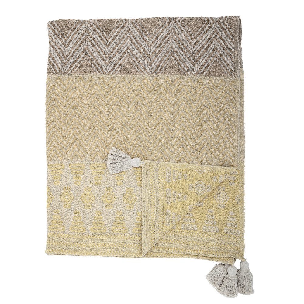 Bloomingville pläd med tofsar 130x160 cm, Gul-beige