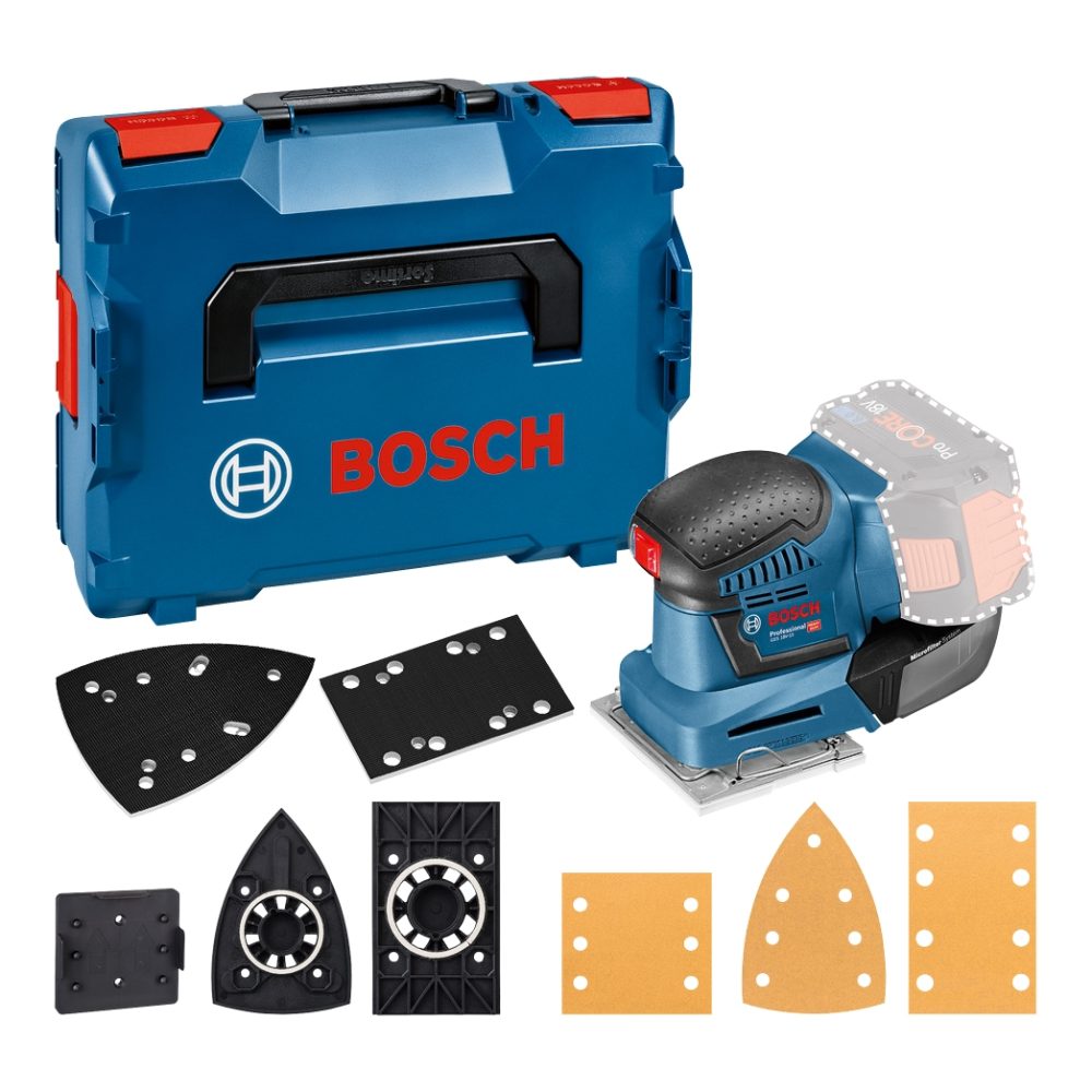 Kjøp Bosch Plansliper GSS 18 V-10, uten batteri & lader i L-BOXX med tilbehørssett.