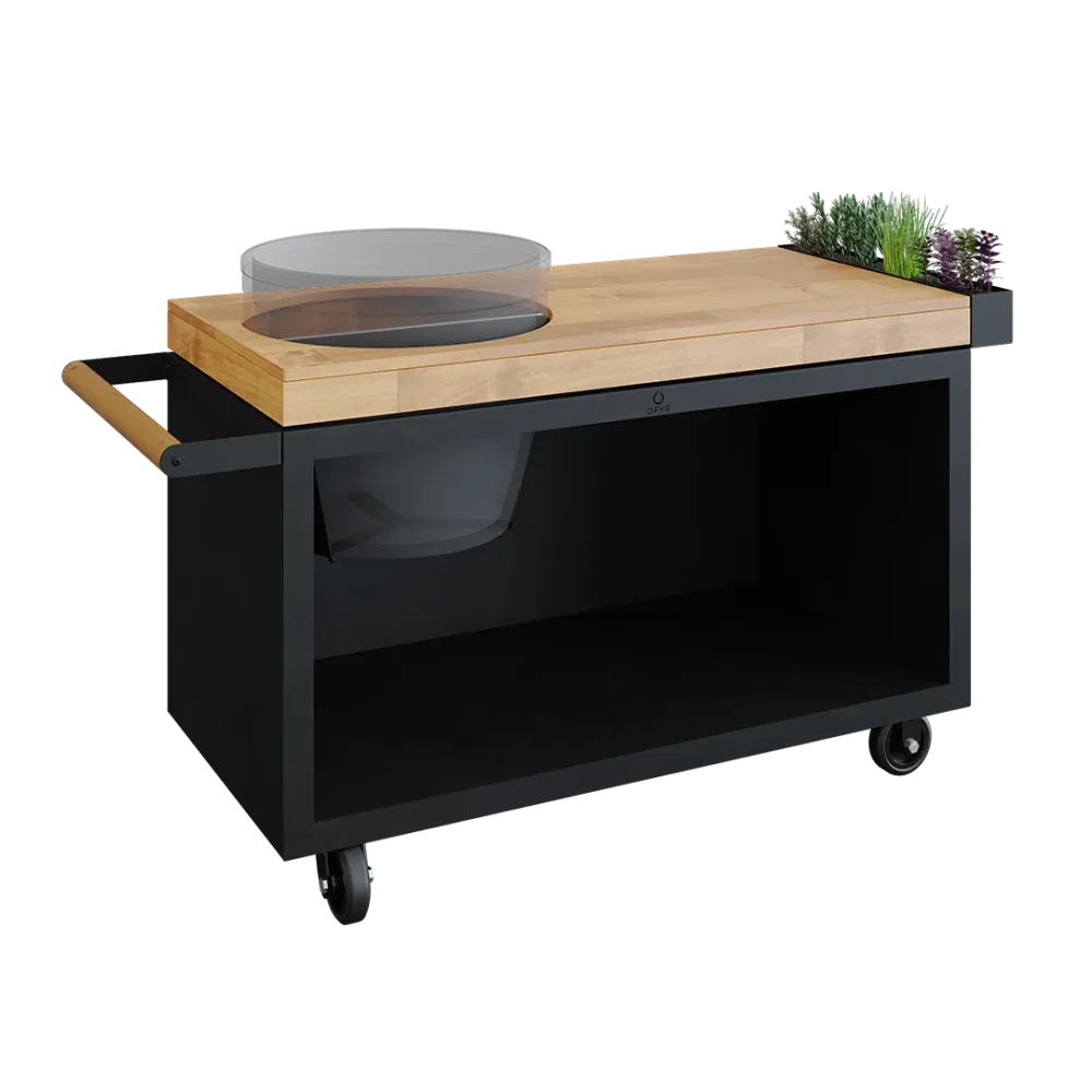 OFYR Kamado Table 135 PRO Black Teak BGE Arbetsbord skärbräda i teak Svartlackerat stål