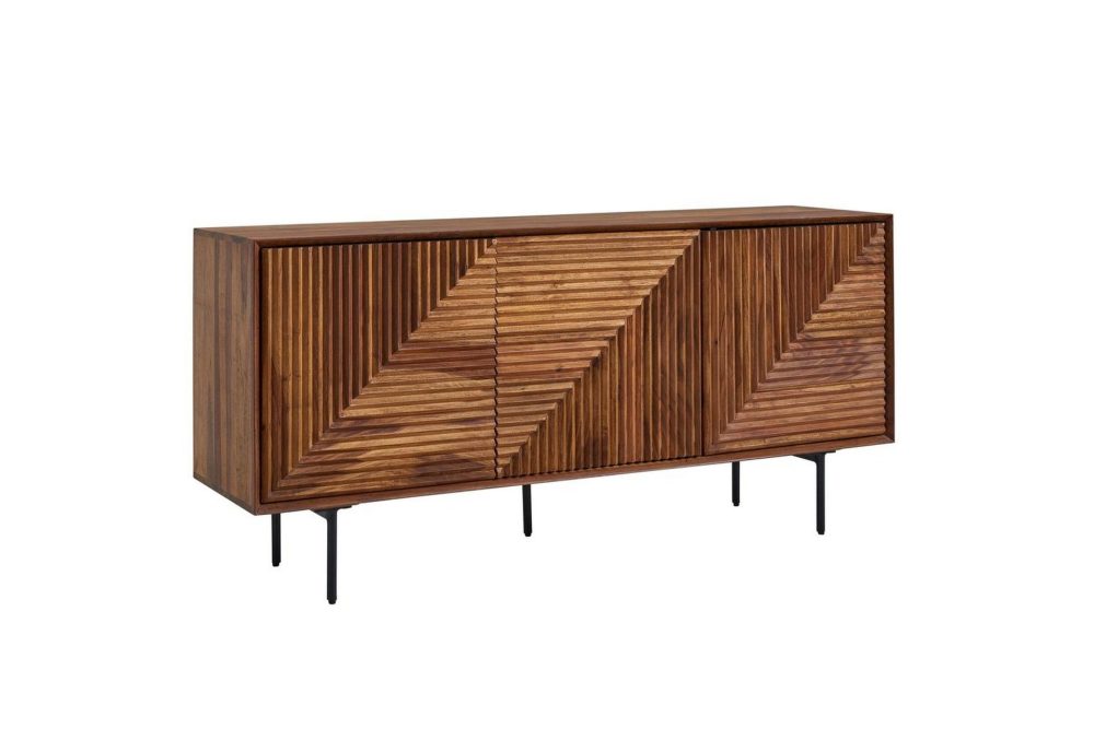 Sideboard Wohnling massivt trä, 3D geometrisk front, tryck-öppna, industriell loftstil 148 cm