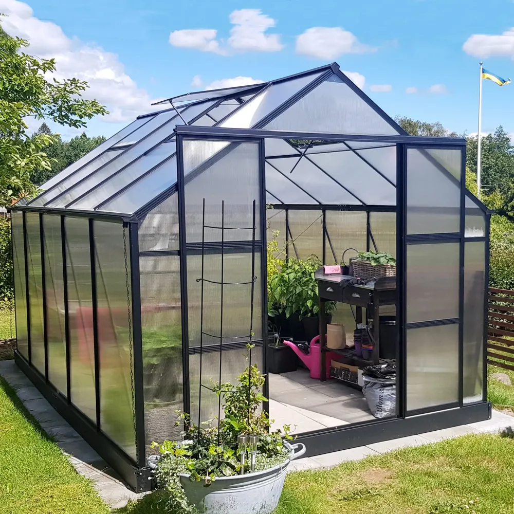 Växthus 8,9m² | 6mm kanalplast | Hög odlingshöjd | Svart