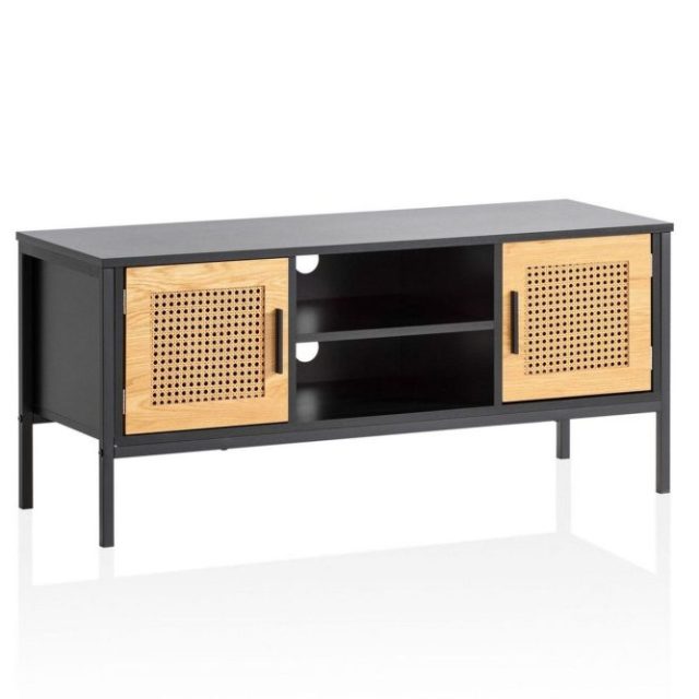 Lowboard Wohnling spånskiva folierad med 2 skjutdörrar, wienflät, modern stil Svart, Ek