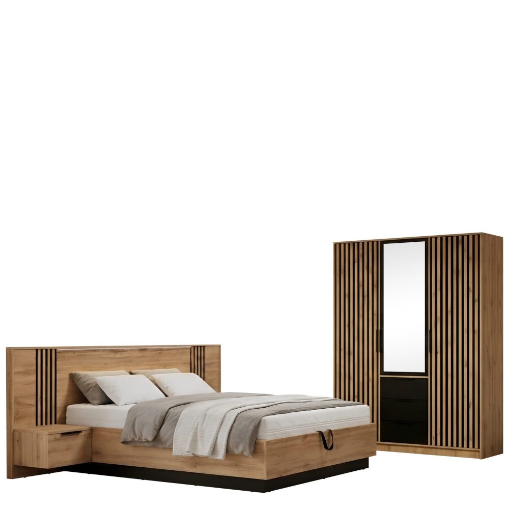 Chavez Möbelset Sovrum - Sängram 160x200 cm med sängbord + Garderob 150x200 cm
